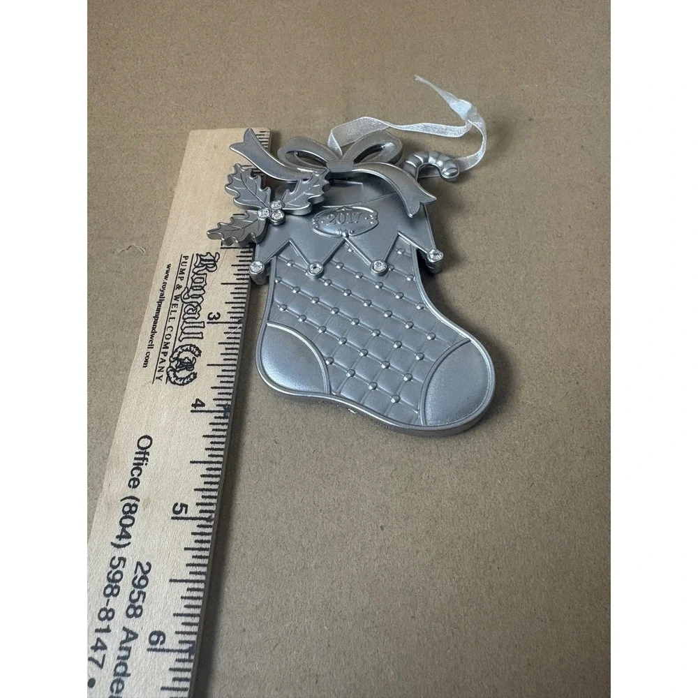 2017 Christmas Ornament‎ Stocking Metal Dated Candy Cane Silver Tone Hanging